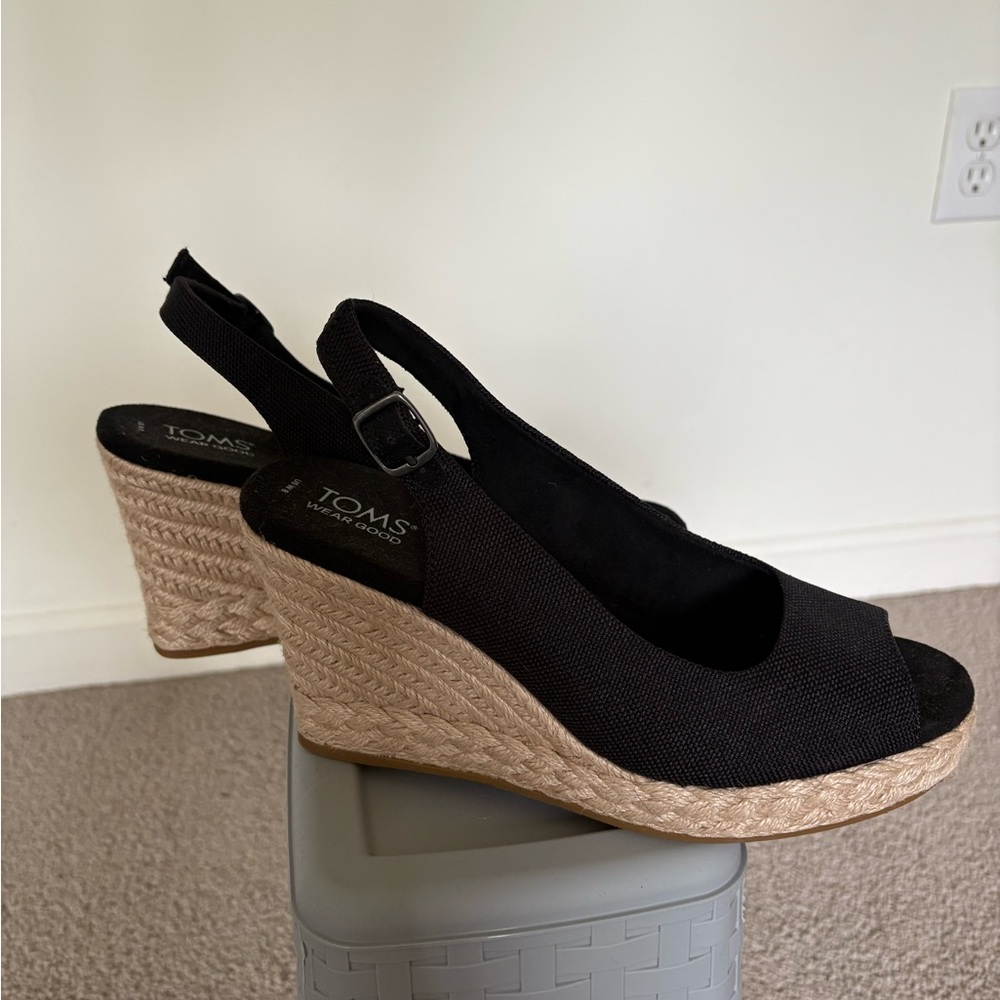 Toms Black Espadrille Wedges with Peep-Toe Design